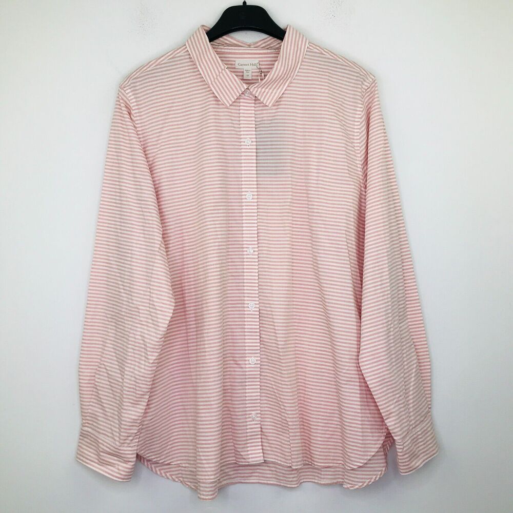 Garnet Hill Women's 18 Shirt Pink White Striped Long Sleeve Button Up NWT BJ29